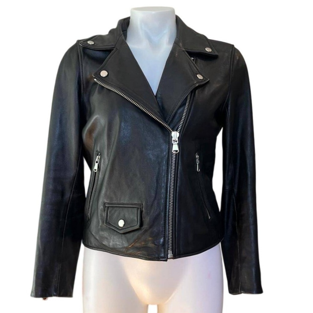 BHS Sophisticates Black Lambskin Leather Moto Jacket Womens M Biker Classic Edgy